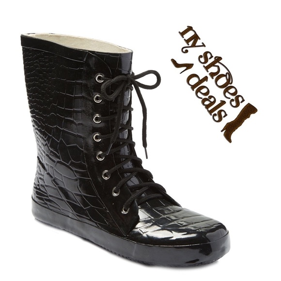 Women Rubber Rain Boots, 11" Black Crocodile Laces Booties Rainboots - Picture 1 of 4